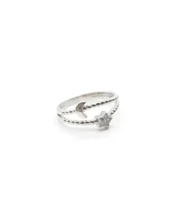 Clearance Anillo bolitas estrella circonitas y luna lisa Plata 925 rodio Anillos De Plata|Anillos