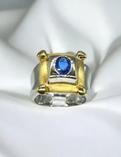 Outlet Anillo con piedra azul oval oro bicolor 18k - T.19 Anillos De Oro|Anillos