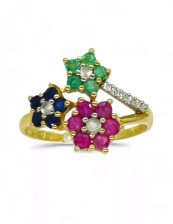 Discount Anillo tres flores circonitas de colores y puntas de diamante oro 18k - T.19 Anillos Con Brillantes|Anillos De Oro