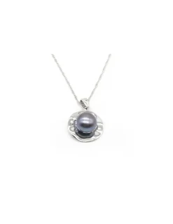 Online Cadena Plata 925 rodio con colgante redondo perla cultivada gris Gargantillas De Plata