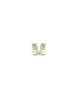 Discount Pendientes bicolor con circonita y perla oro 18k Pendientes De Perlas|Pendientes De Oro