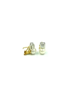 Discount Pendientes bicolor con circonita y perla oro 18k Pendientes De Perlas|Pendientes De Oro