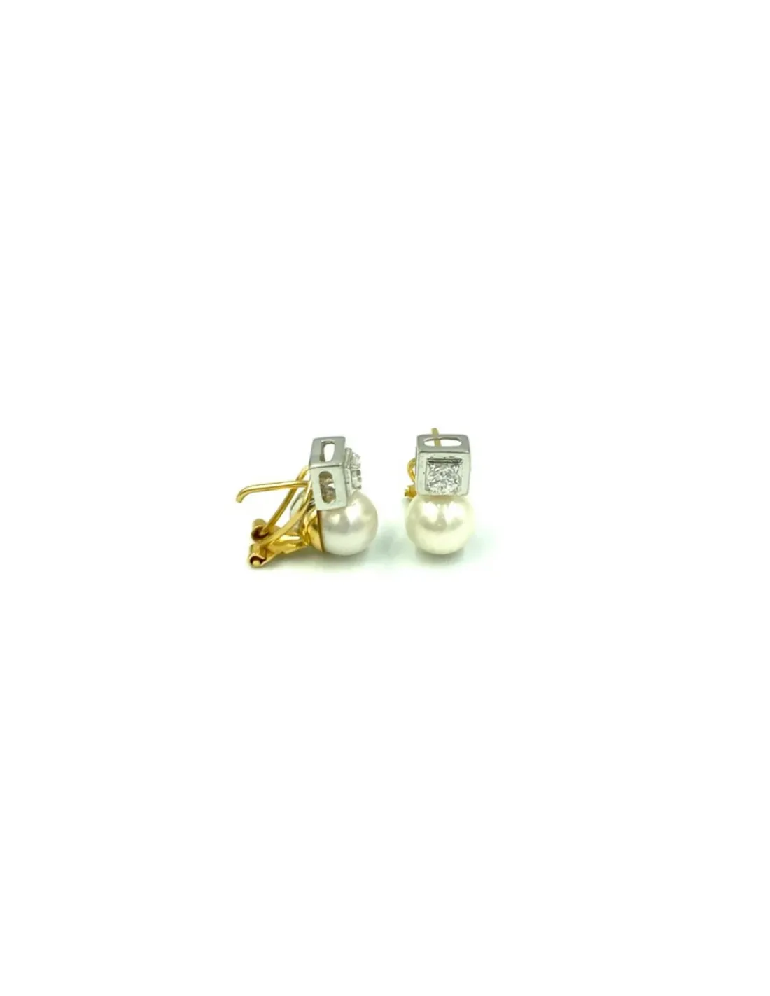 Discount Pendientes bicolor con circonita y perla oro 18k Pendientes De Perlas|Pendientes De Oro