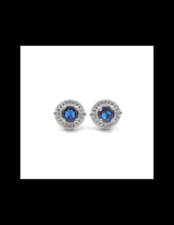 Store Pendientes circonitas y zafiro central plata de Ley rodiado - 12mm Pendientes De Plata