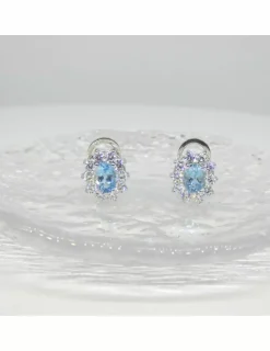 Outlet Pendientes flor circonitas y agua marina oro blanco 18k Pendientes De Oro