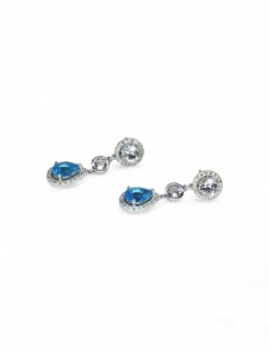 Outlet Pendientes largos oro blanco circonitas y piedra azul 18k Pendientes De Oro