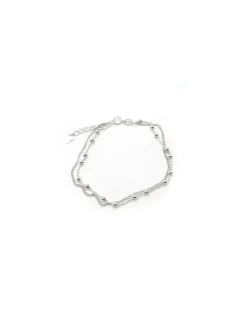New Pulsera dos cadenas forzada bolas y barbada plata 17cm Pulseras De Oro Grabado|Pulseras De Oro