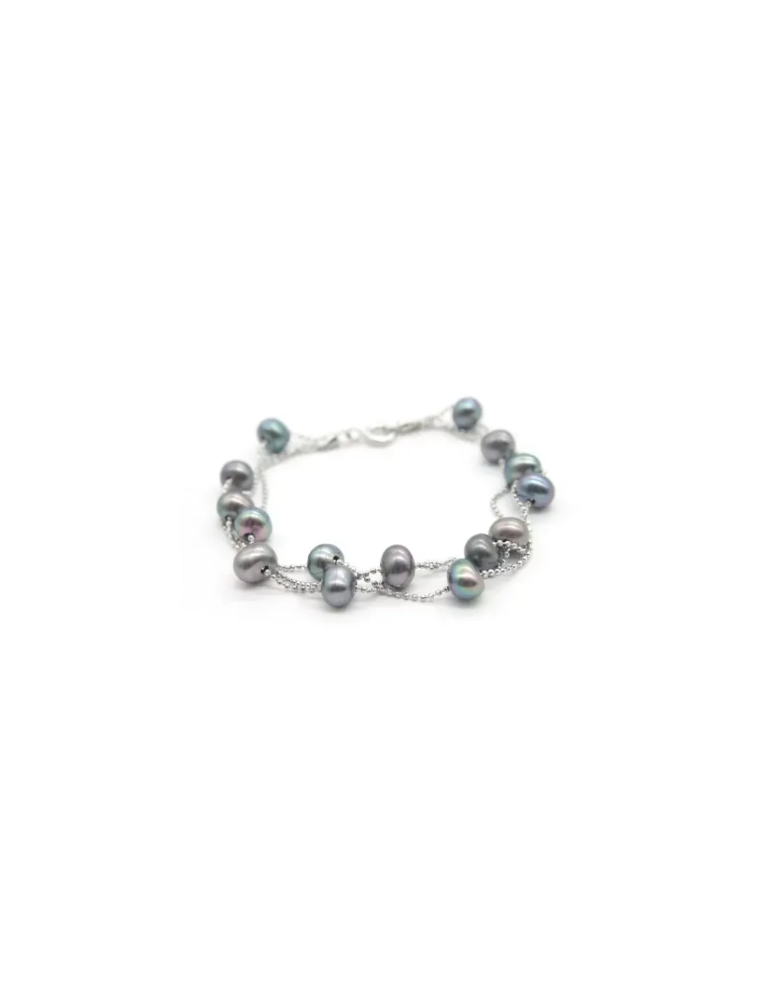 Cheap Pulsera plata triple cadena bolitas con perlas cultivadas grises - 17cm Pulseras De Oro Grabado|Pulseras De Oro