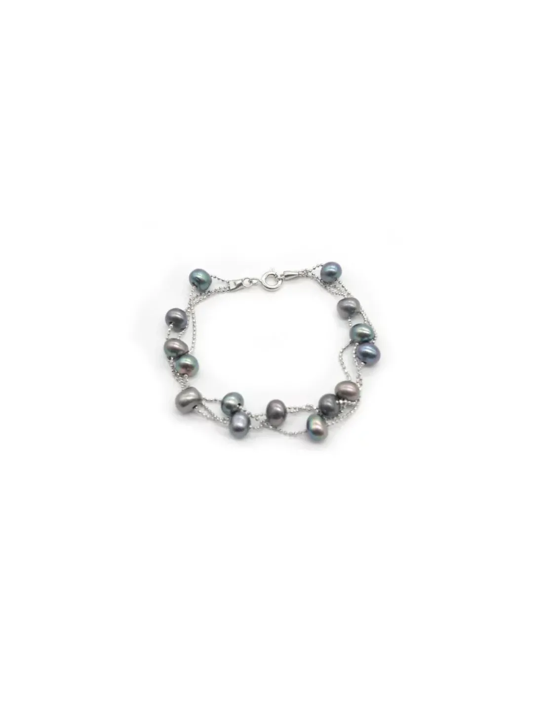 Cheap Pulsera plata triple cadena bolitas con perlas cultivadas grises - 17cm Pulseras De Oro Grabado|Pulseras De Oro