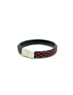 Flash Sale Pulsera trenzada piel negra y roja cierre acero - 21cm Pulseras De Oro