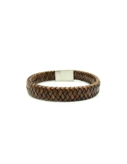 Best Sale Pulsera trenzada plana piel marrón cierre acero - 22cm Pulseras De Oro