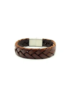 Store Pulsera trenzada plana piel marrón claro cierre acero - 20,50cm Pulseras De Oro